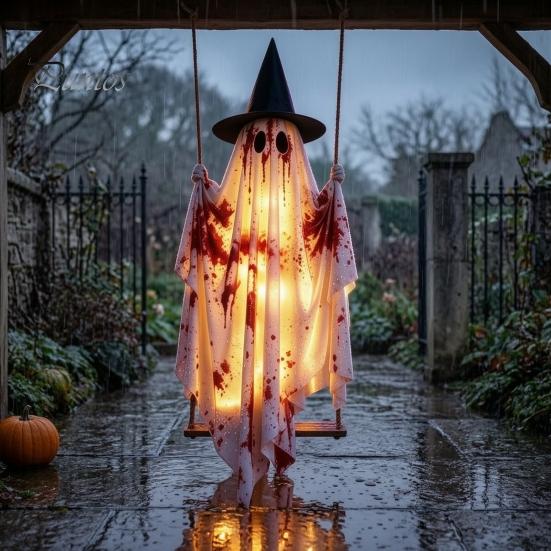 Front Porch Holiday Display Hanging Swing Ghost Halloween Decoration, Spooky Light Up Large Swinging Adjustable Cord with Blood Fabric for Yard