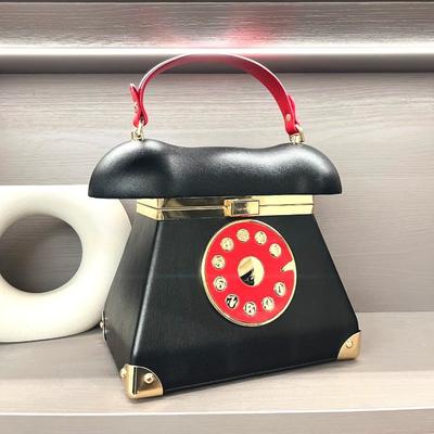 Retro Lady Storage Bag In Funny Telephone Shape, Classical Round Makeup Organizer Purse Party Evening Tote Banquet Shoulder Bag