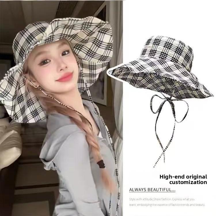 Sun Hat With Wide Brim And Grid Printing Design For Sun Protection Outdoor Casual Summer