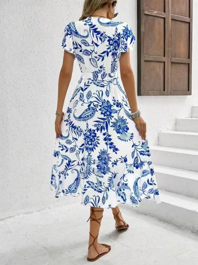 2025 European Summer Women's V-Neck Ruffle Dress with Digital Print