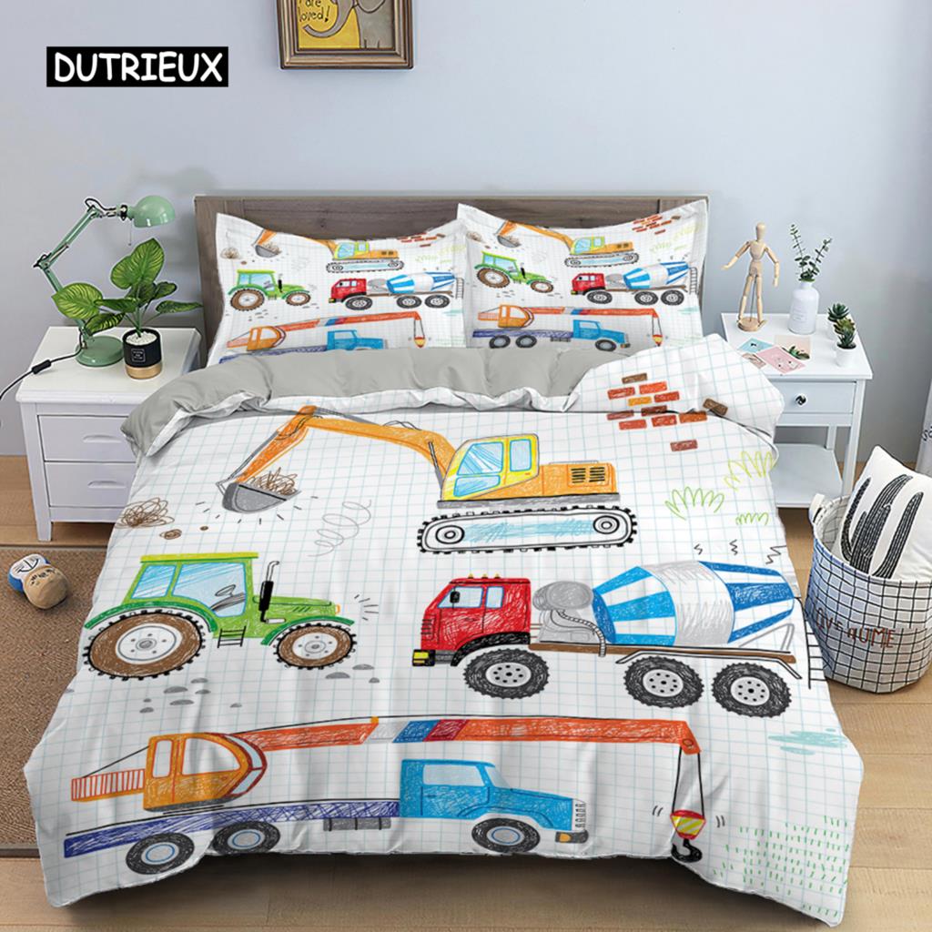 2/3-teiliges Einfache Cartoons Auto Bettwäscheset Hohe Qualität Kind Bagger Kran Polyester Bettbezug Einzeln Doppel Voll Queen King Size