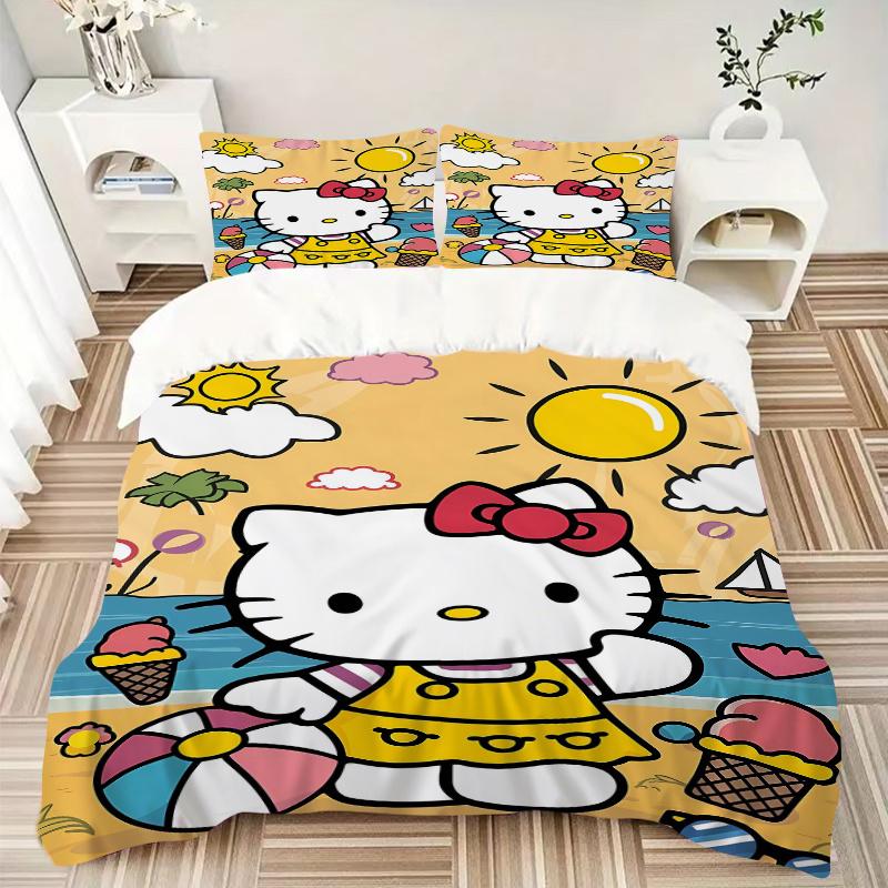 3pcs Hello Kitty On the Beach In Summer Quilt Set Soft and Comfortable Bedroom, Guest Room and Dorm Decor Bedding Set W046