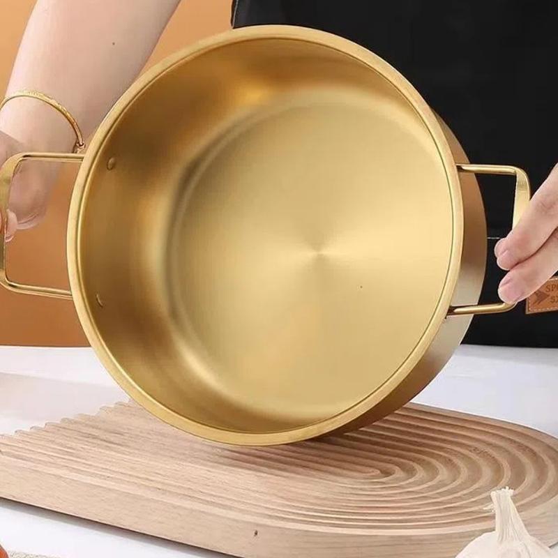 Korean Style Ramen Pot Stainless Steel With Lid Soup Pot Gold Plated Double Ear Hot Pot Camping Cookware