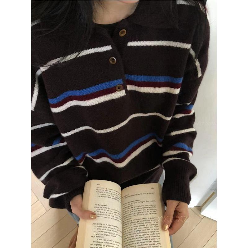 

Early autumn new design sense retro contrasting color striped age-reducing casual knitted sweater women One size fits all [recommended 80-60kg] темно-коричневого