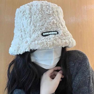 Fischerhut aus Lammwolle im koreanischen Stil für Damen Winter Plüsch Verdickt Warm Ins Vielseitig Gesicht Zeigend Klein Eimerhut
