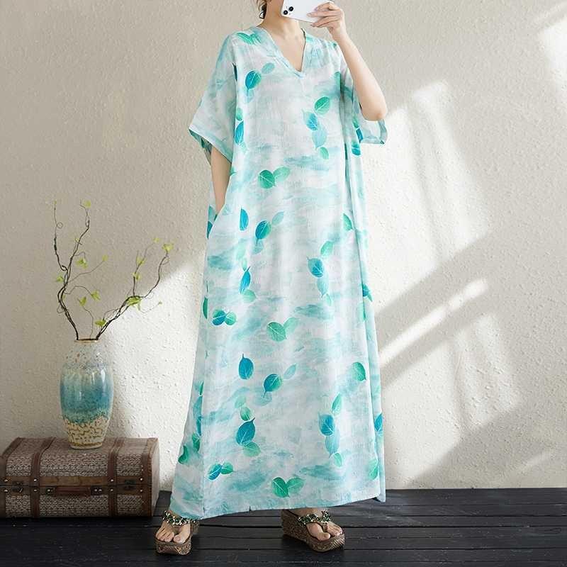 Prawdziwe Lato Nowa Bawełna i Len Nadruk Dekolt V Luźny Duży Rozmiar Prosty Styl Wakacyjny Długa Spódnica Damska Spódnica Plażowa Cienka