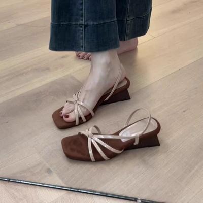 French Temperament One-word Thin Strap Wedge Sandals Women's 2025 New Square Head with Skirt Open-toed High-heeled Roman Sandals