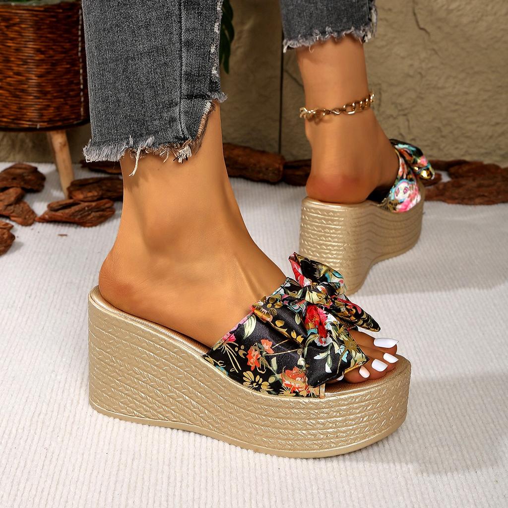 Fashion Wedges Women Shoes 2025 Summer New Shiny Big Butterfly Knot Women's Slipper Super High Heel 9CM Fashion Platform Slides
