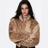 Womens Short Faux Fur Coat Stand Collar Zip-Up Loose Fit Warm Deer Casual Outerwear