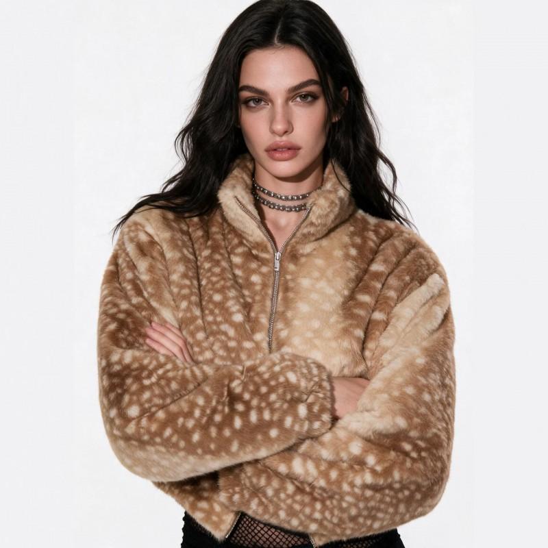 Womens Short Faux Fur Coat Stand Collar Zip-Up Loose Fit Warm Deer Casual Outerwear