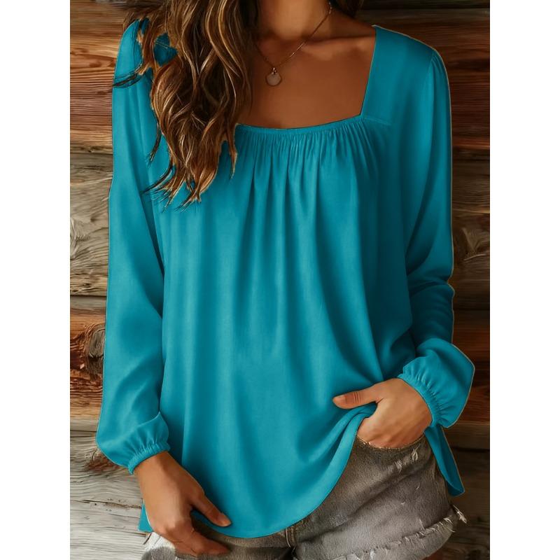2025 New Women's Solid Color U-neck Pullover Long-sleeved Women's Tops
