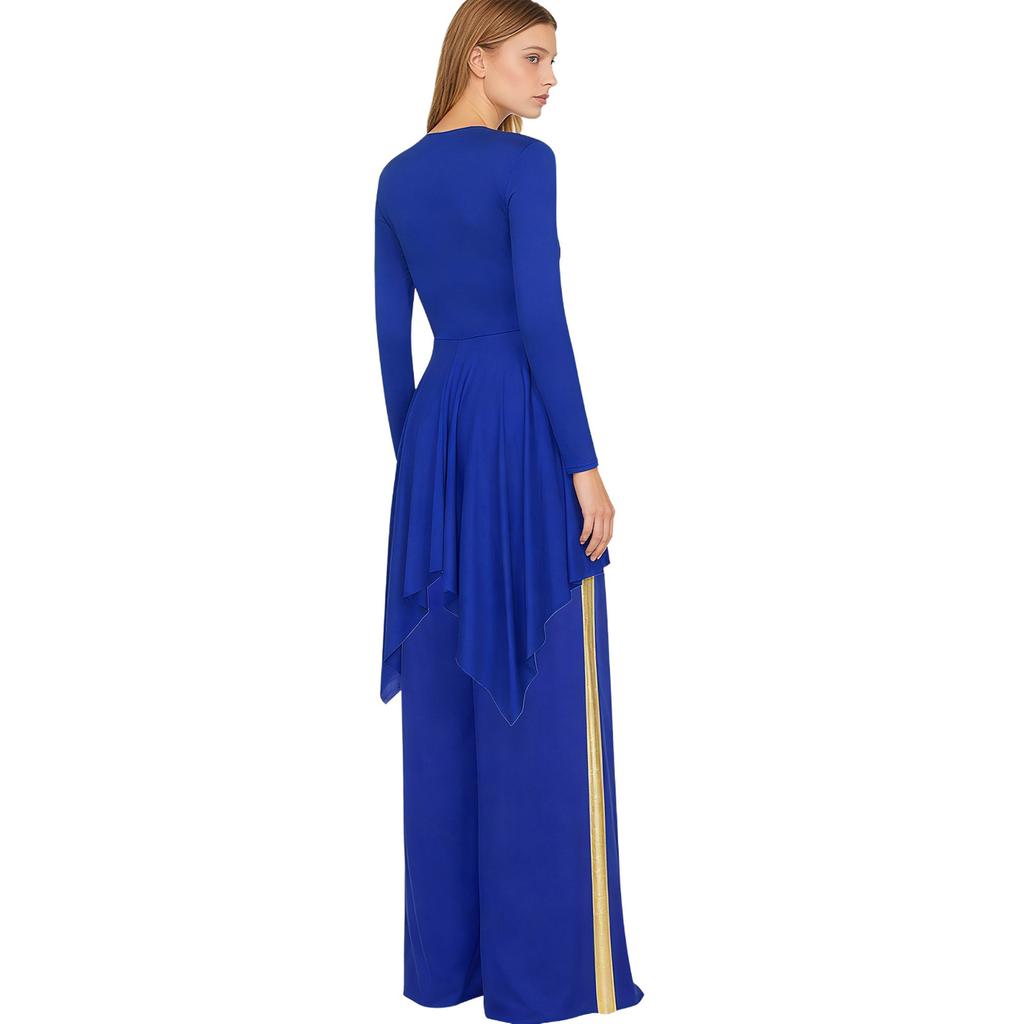 Abito da danza liturgica da donna - Abito patchwork metallizzato con pantaloni a gamba larga, orlo asimmetrico e maniche lunghe per esibizioni in chiesa