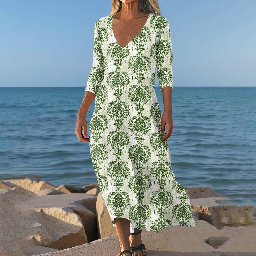 Dresses For Womens Vintage Print Tunic Waisted Midi Dress Summer Casual 3/4 Sleeve Dress