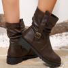Booties Fall Winter New Round Toe Sleeve Belt Buckle Pleated Platform Non-Slip Block Heel Shoes