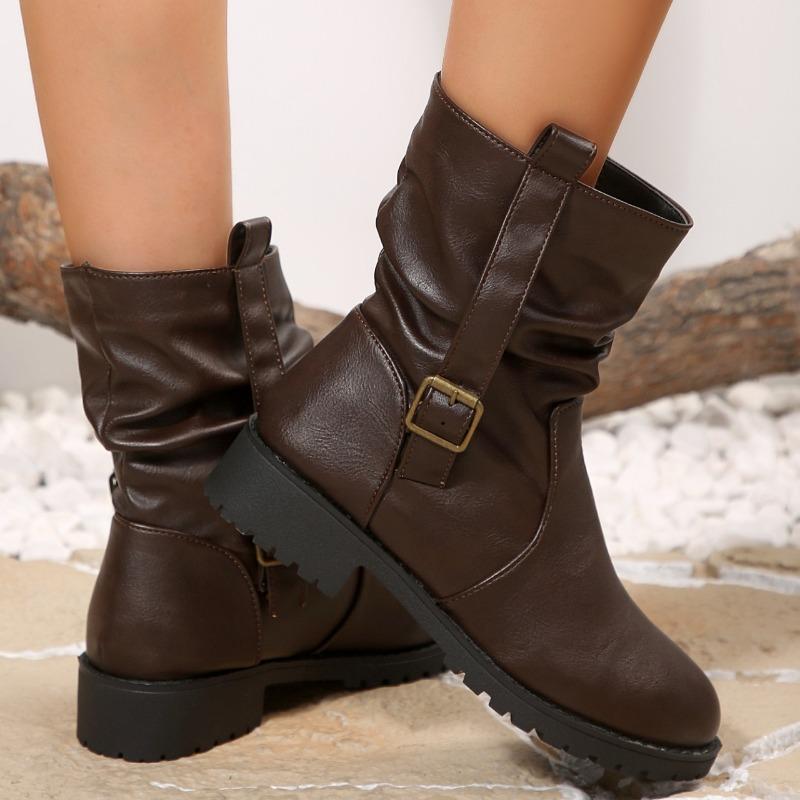 Booties Fall Winter New Round Toe Sleeve Belt Buckle Pleated Platform Non-Slip Block Heel Shoes