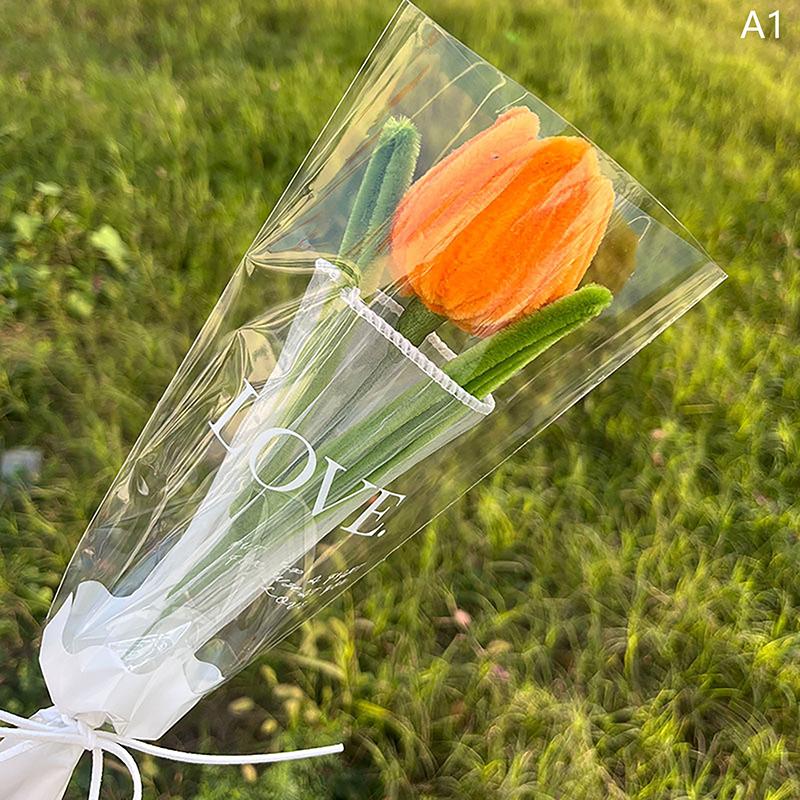Knitting Flower Rose Tulips Single Bouquet Simulation Flower Home Decoration Wedding Hand-Knitted Crochet Fake Floral