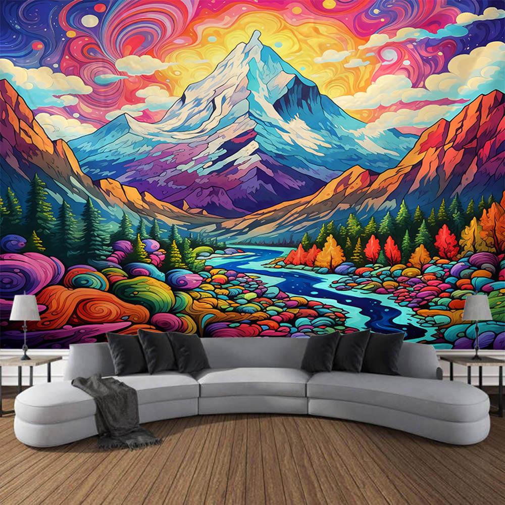 Natural Landscape Oil Painting Tapestry Wall Hanging Bohemian Mountain Forest Background Wall Bedroom Aesthetic Decoration