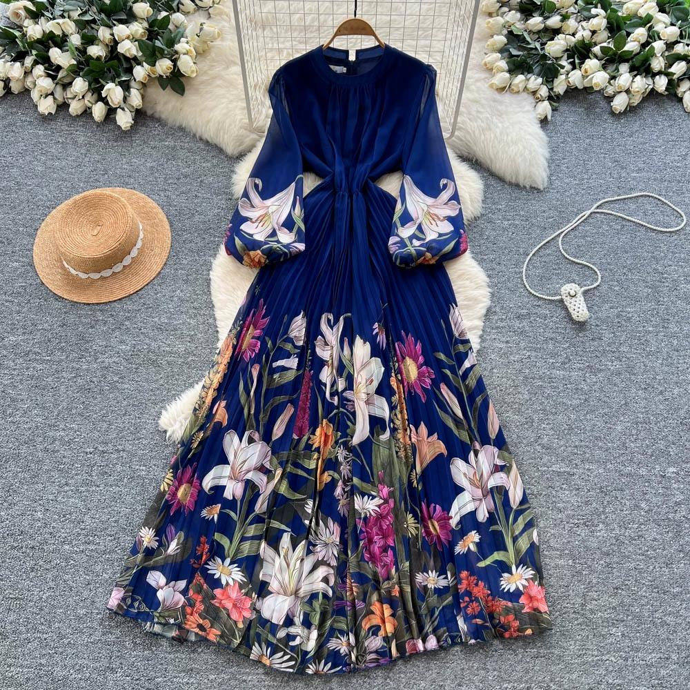 Hochwertiges bedrucktes Kleid für Damen Frühling Herbst A Schlank machende Taille und elegantes plissiertes langes Damenkleid