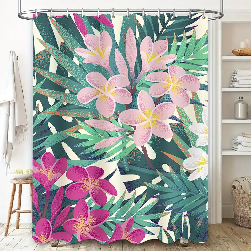 Bright Floral Greenery Shower Curtain Waterproof Fabric Decorative Bath Hanging for Bathroom, Pink White Flowers on Blue Backgro