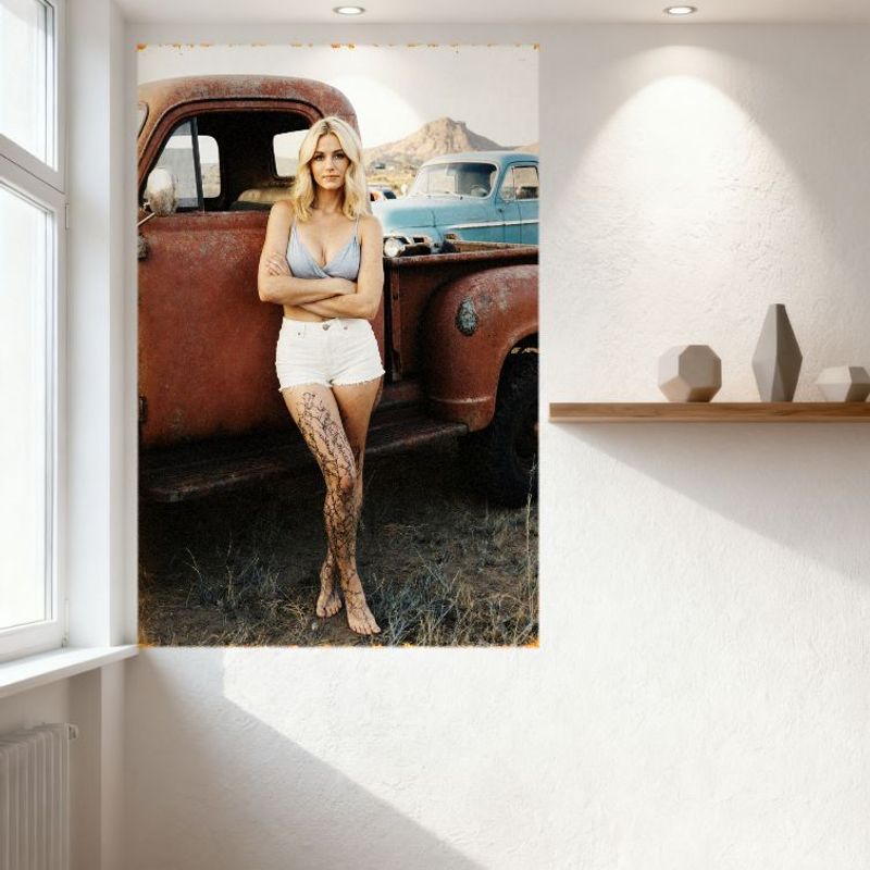 Sexy Blonde Frau Vintage Pickup Truck Blechschild Rustikale Berglandschaft Metallposter für Bar Heim Wanddekoration