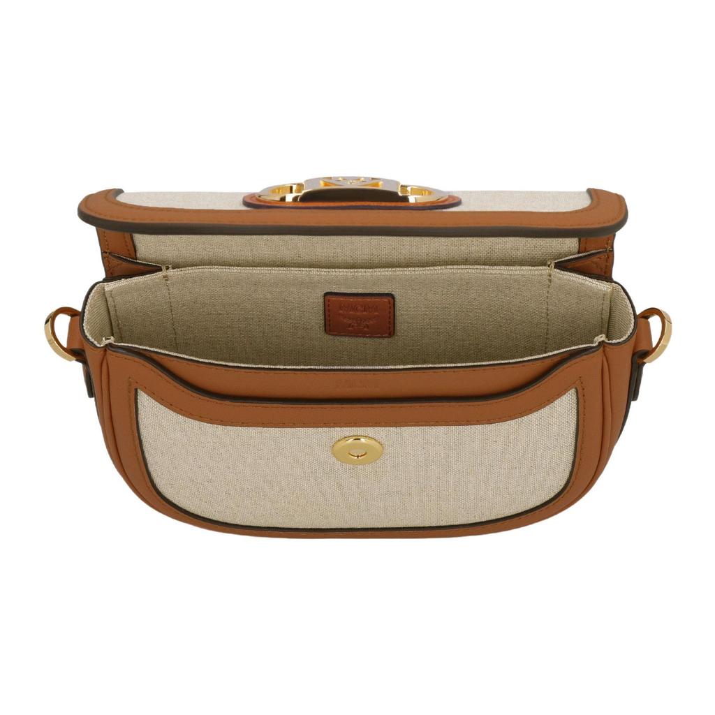 MCM Canvas Leather Saddle Crossbody Bag with Gold Logo Hardware for Daily Use