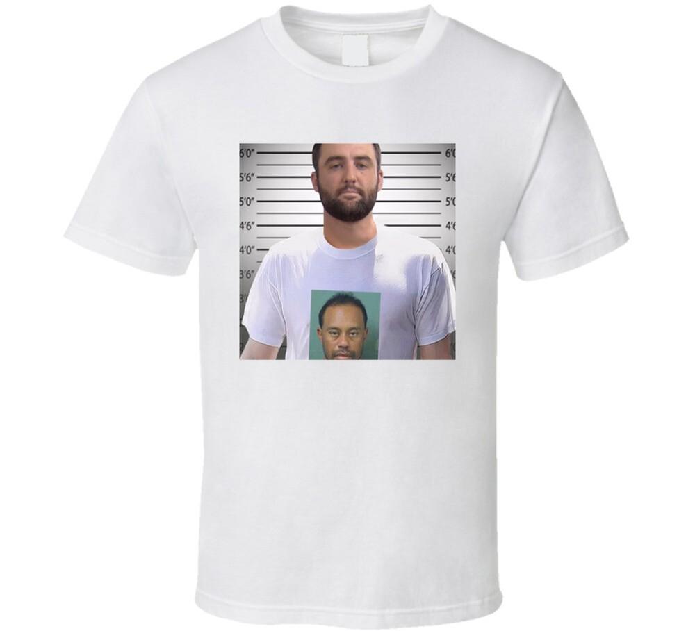 Scottie Scheffler Wearing Tiger Woods Mugshot T Shirt