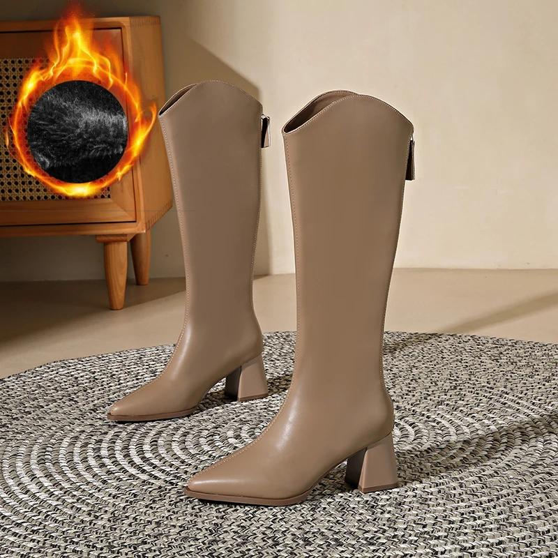 Fashion 2025 New Autumn Winter Keep Warm Fur Women Knee High Boots Fashion Pointed Toe Shoes Thick Heel Ladies Knight Long Booties
