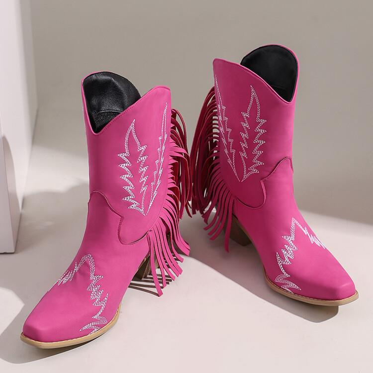 

Fashion Women s Boots Bohemian Modern Boots 6CM Square Heel Women Shoes New Retro Style Embroidery Tassels Pointed Toe WomenShoe 35 Яскраво-рожевий
