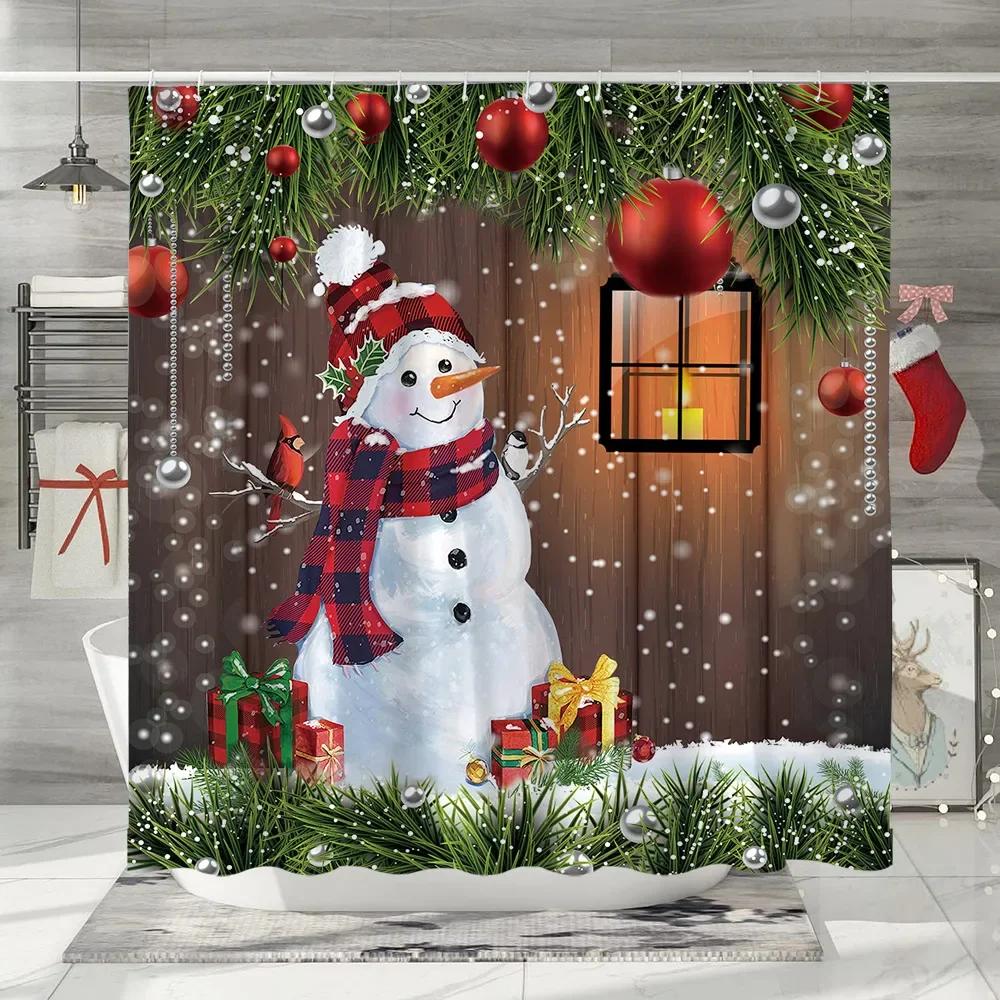 GAEChristmas Shower Curtain Santa Claus Snowman Elf Snowflake Cartoon Winter Rustic Home Polyester Fabric Bathroom Decor