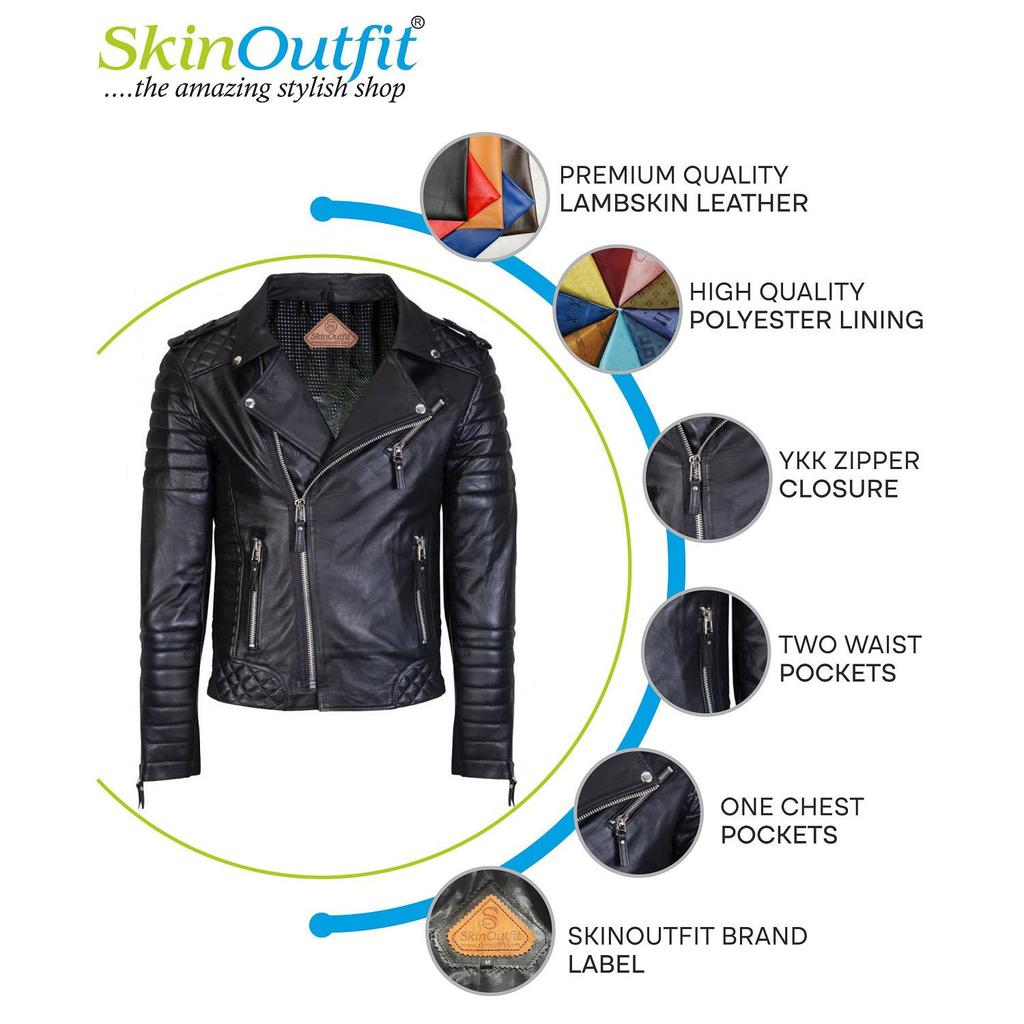 SKINOUTFIT Men Motorcycle Leather Jacket Genuine Black Lambskin Café Racer Biker Outerwear