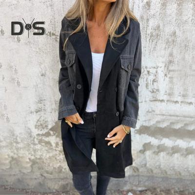 Women Spring Fall Coat Denim Jacket Overcoat Patchwork Double-breasted with Flap Pockets Colorblock Mid Length Lady Overcoat