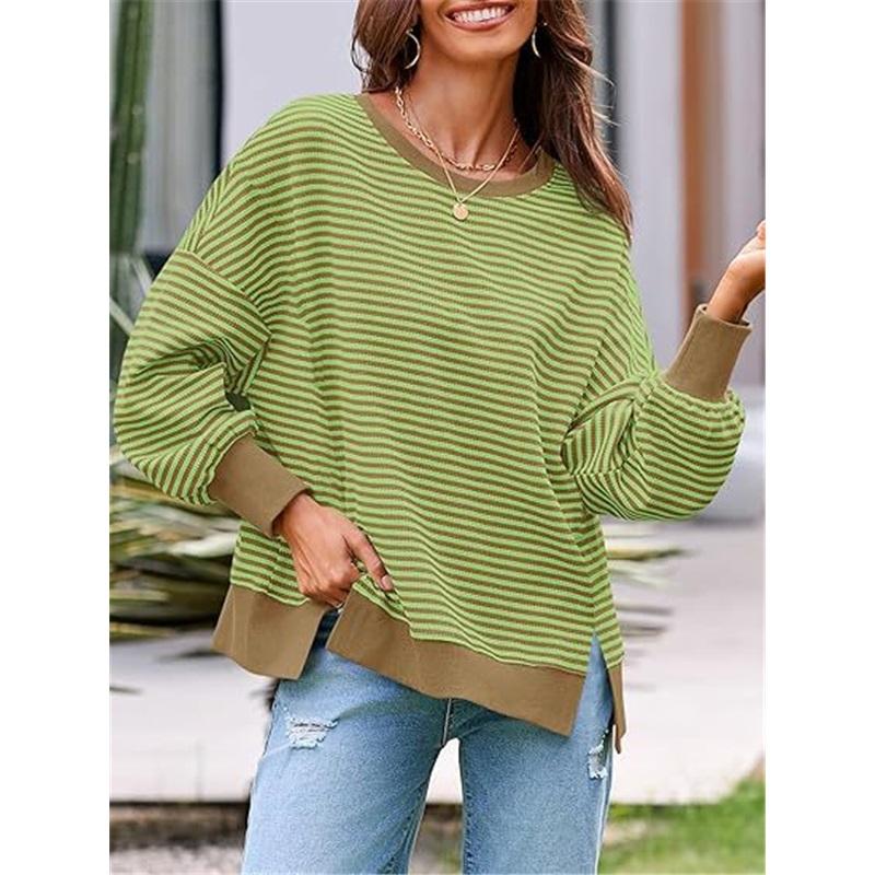 Dames Gestreept Crewneck Sweatshirt Los Oversized Lange Mouw Pullover Casual Dagelijks Blouse Top