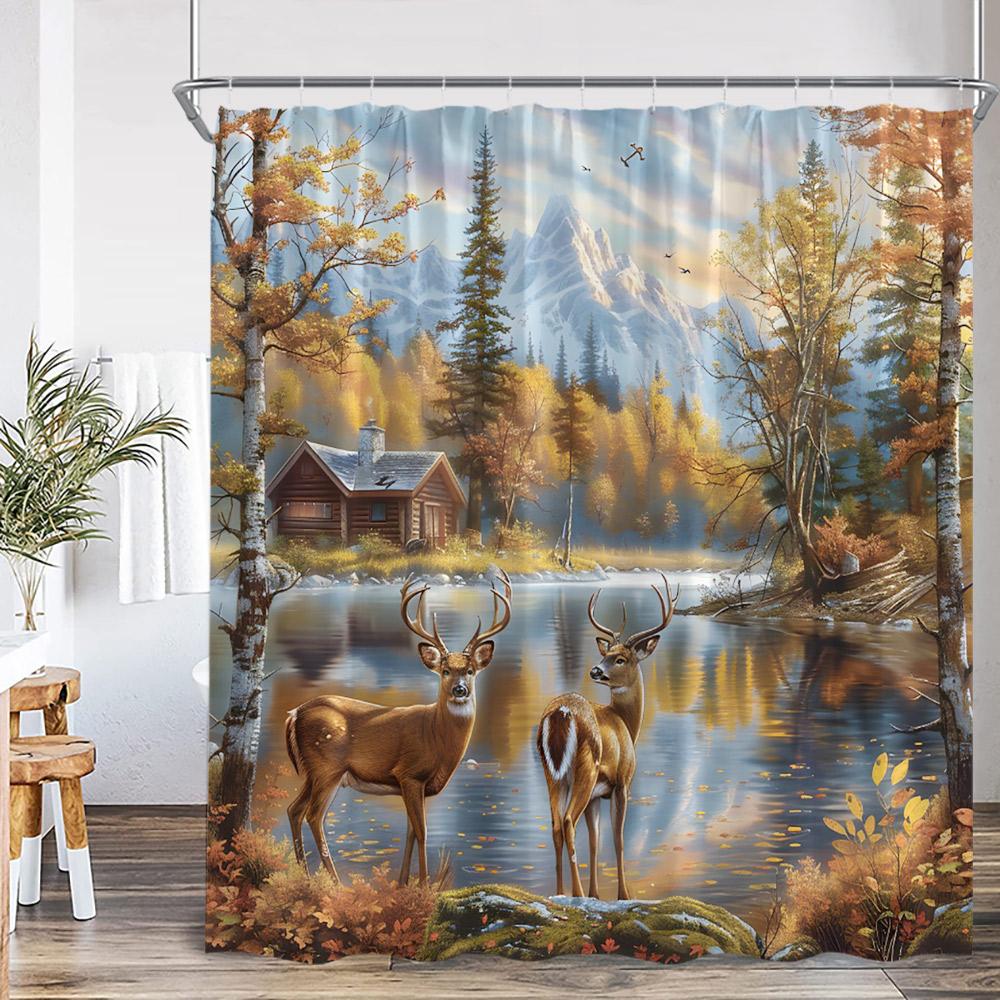 Deer Autumn Scenery Shower Curtain Maple Tree Cabin Stream Mountains Nature Landscape Polyester Bathtub Curtain Bath Decorations