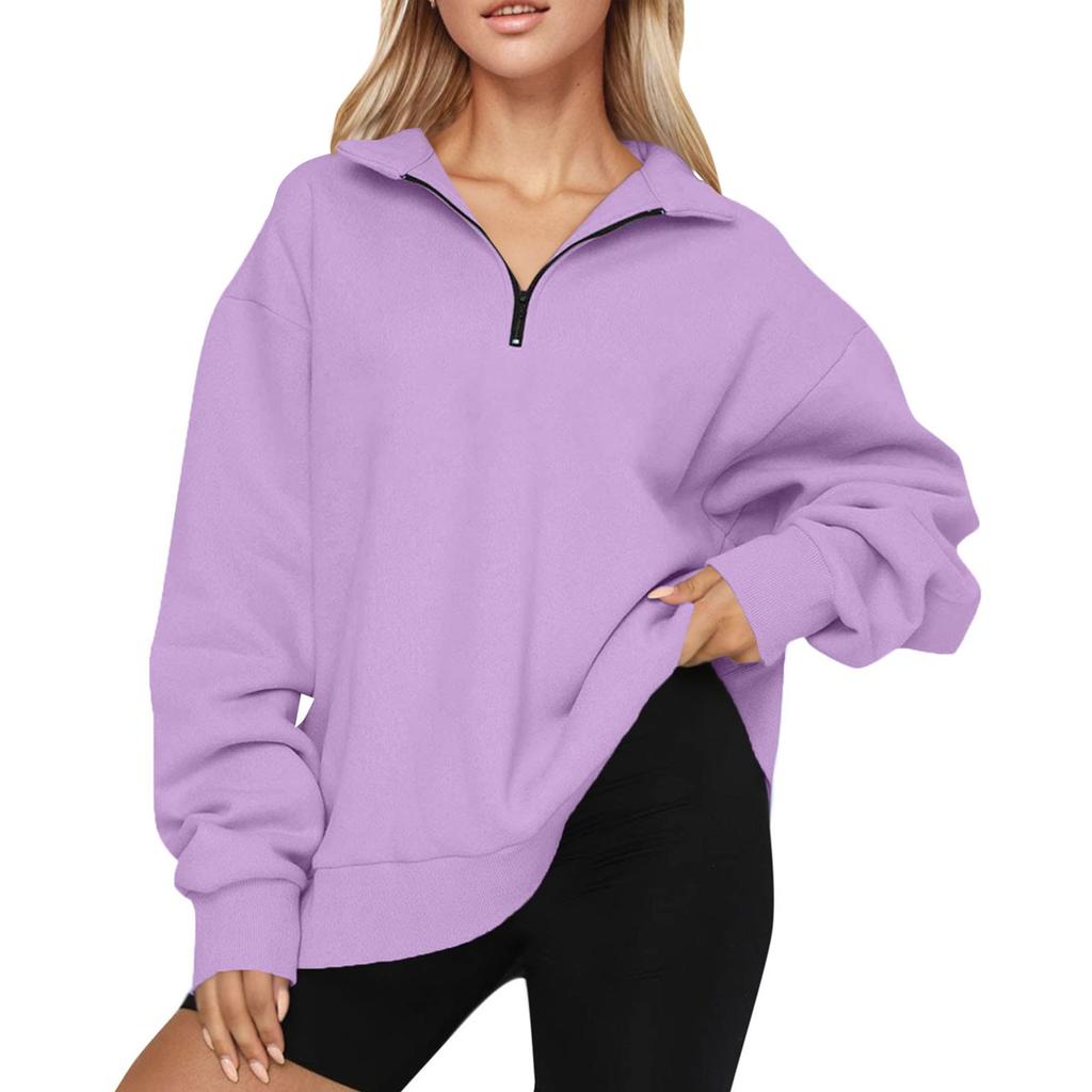 Women's Casual Fashion Long Sleeve Solid Color Zip Sweatshirt Top