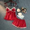 1010 Neue Pyjamas Damen Eisseide Trägershorts Sexy Spitze mit Brustpolster Zweiteiliges Set Loungewear Sommer