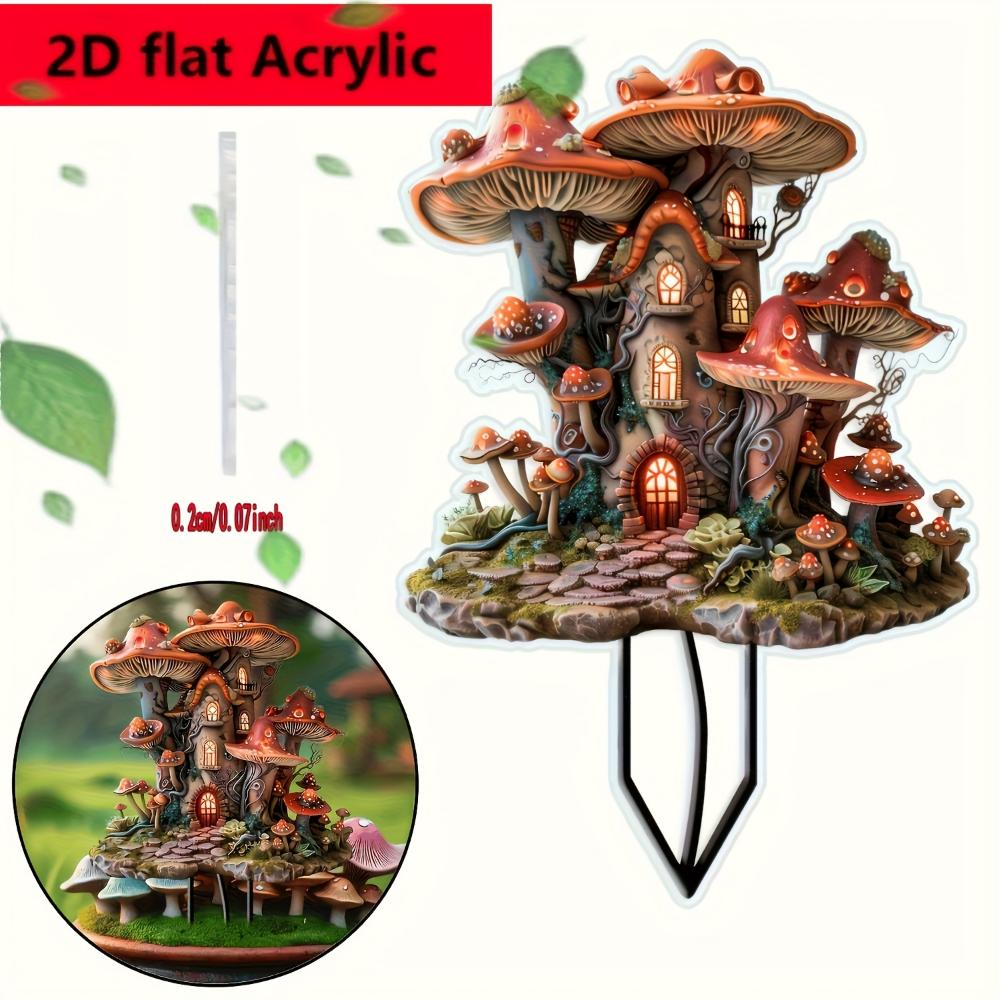 2D Flat Bohemian Mushroom House Outdoor Acrylic Insert - Decorative Garden Plug, Garden Art Accessories, with Enchanting Landscape Decoration