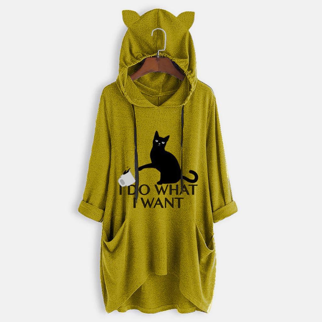 Women Casual Print Cat Ear Hooded Long Sleeves Pocket Irregular Top Blouse Shirt