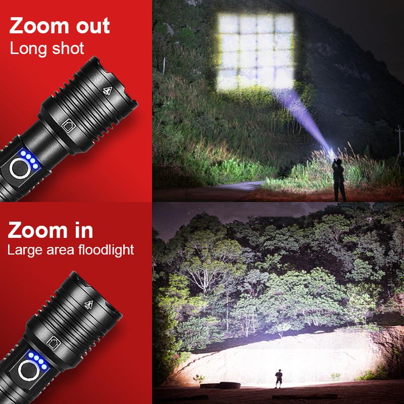 Ultra Bright 100000 Lumens LED Flashlight Rechargeable Handheld Torch High Power LED Flash Light Zoom Portable Lantern 26650