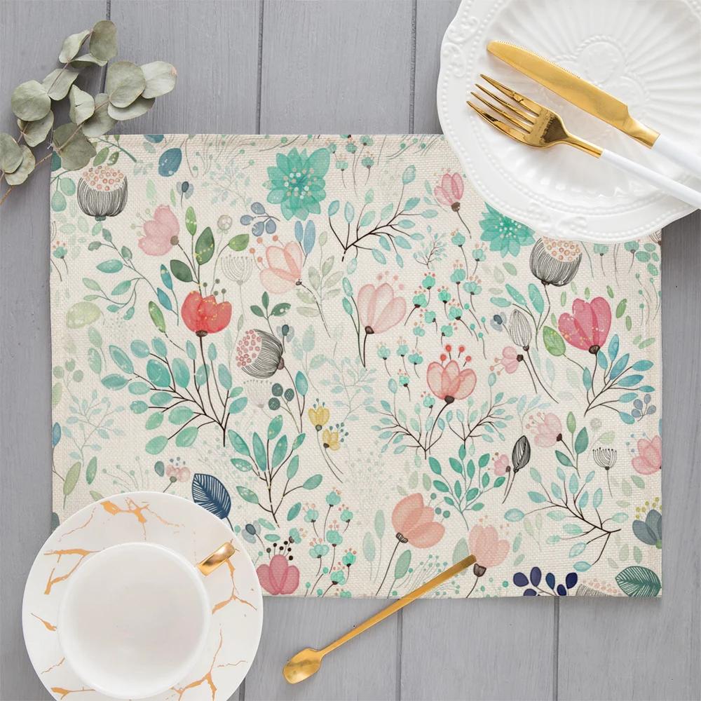 Morandi Floral Sunflower Printing Linen Placemat for Dining Table Drink Coaster Home Decoration Modern Kitchen Cup Pads