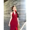 Pure desire red three-dimensional flower neck dress women's summer new seaside vacation atmosphere pinched waist dress