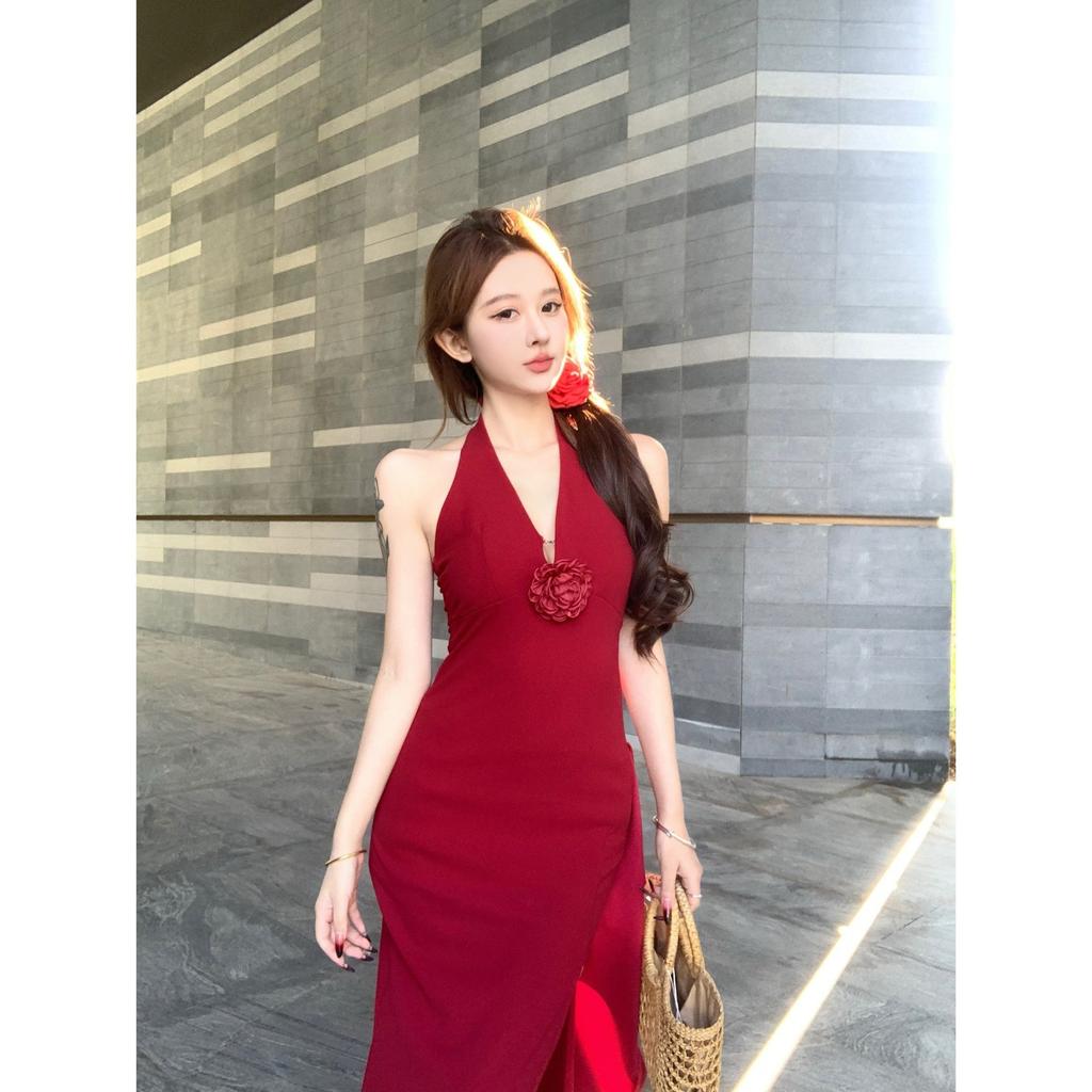 Pure desire red three-dimensional flower neck dress women's summer new seaside vacation atmosphere pinched waist dress