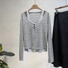 Womens V-Neck Striped Knit Top Fake Two-Piece Long Sleeve Loose Fit T-Shirt Korean Style Fall Casual