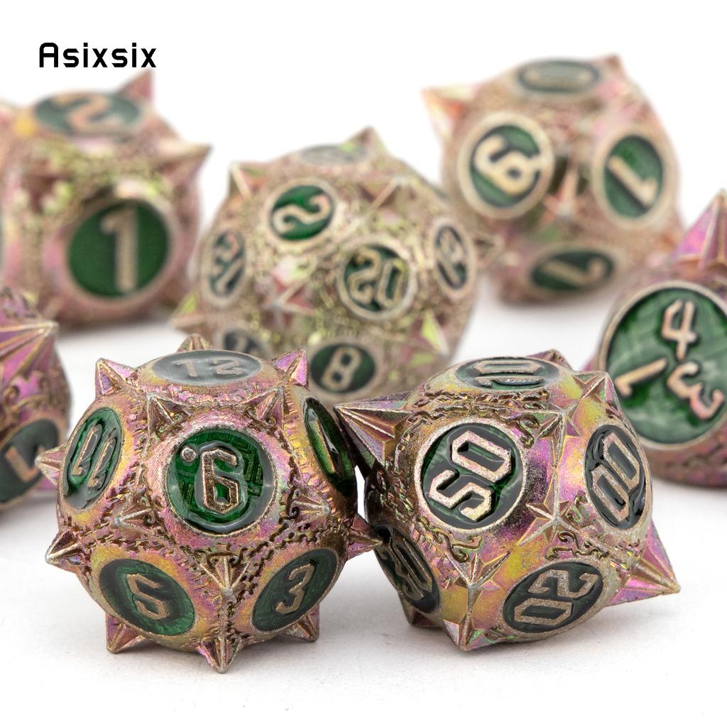 7 Pcs Red Green Meteor Hammer Metal Dice Solid Metal Polyhedral Dice Set Suitable For Role-Playing Dice PropBoard Game Gift
