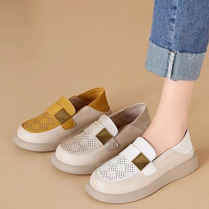 2025 Spring and Autumn Women's Slip-On Round Toe Platform Low Heel Deep Mouth Casual Breathable Low Top Loafers