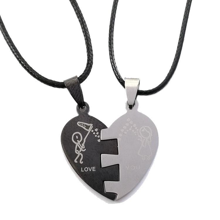 Black & White Heart Titanium Steel Pendant Necklace for Couples (Pair)