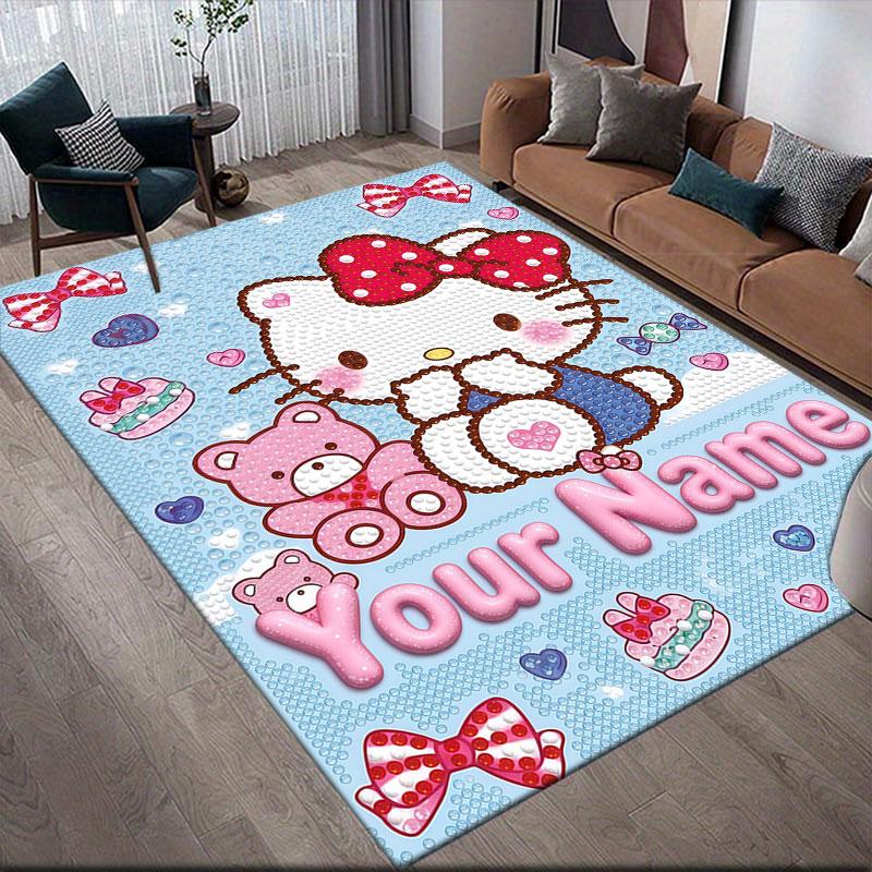 Custom Name,3D Inflated Hello Kitty Home Sofa Decoration for Living Room & Bedroom, Non‑Slip Play Flannel Floor Mat for Game Room
