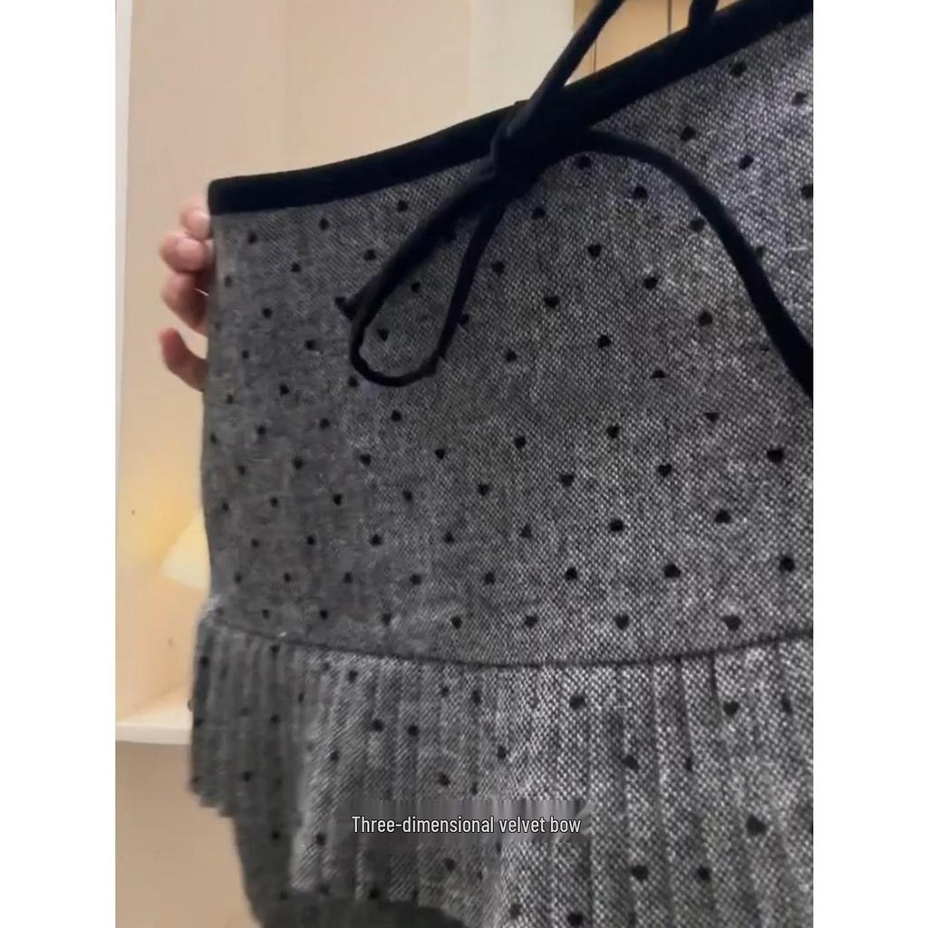 Plus Size A-line Polka Dot Wool Pleated Skirt - High Waist, Slimming, Spring/Autumn Wear