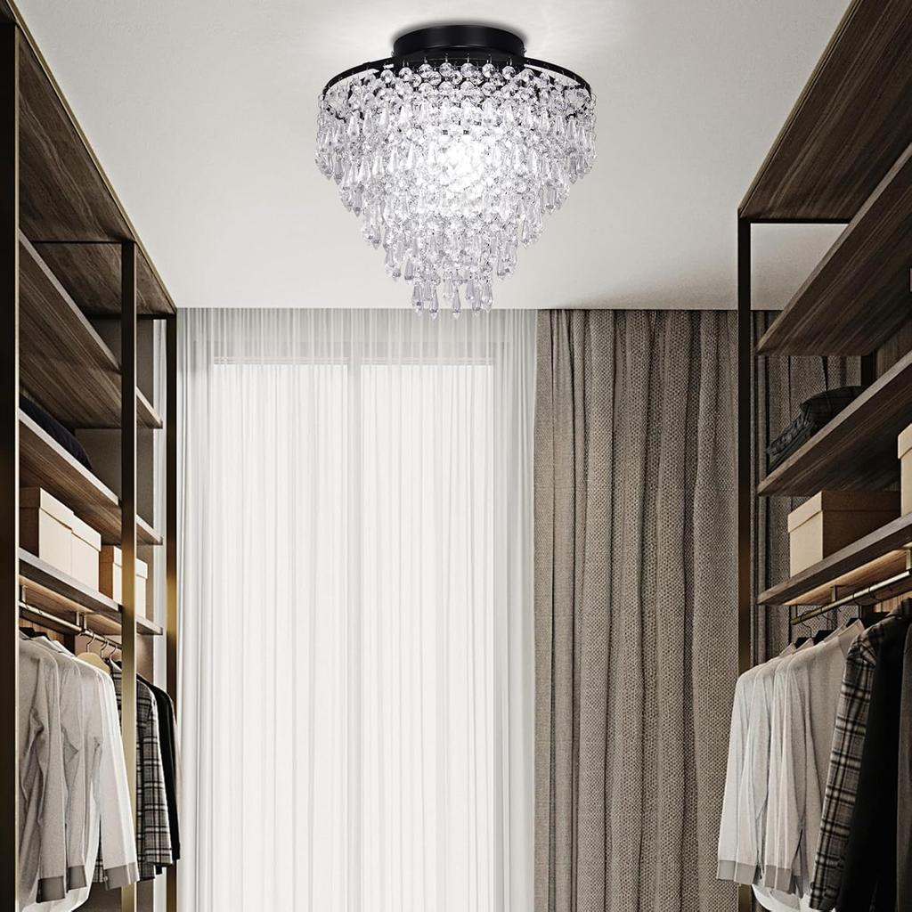 Crystal Lights LED Ceiling Light Modern Round Crystal Light Black Ceiling Light for Bedroom, Living Room, Hallway
