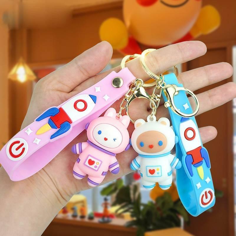 Stylish Cartoon Astronaut Bear Keychain Cute Rubber Key Accessory In Blue For Couples