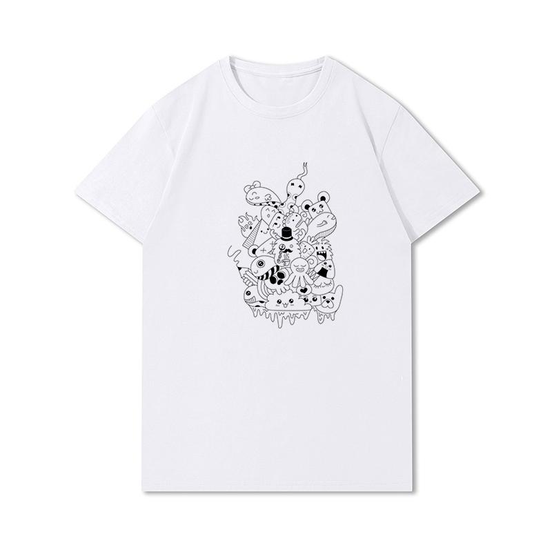 S-3XL 100 mønstre Sommerhvite T-skjorter for kvinner Trykt Uformelle korte ermer Topper O-hals T-skjorter